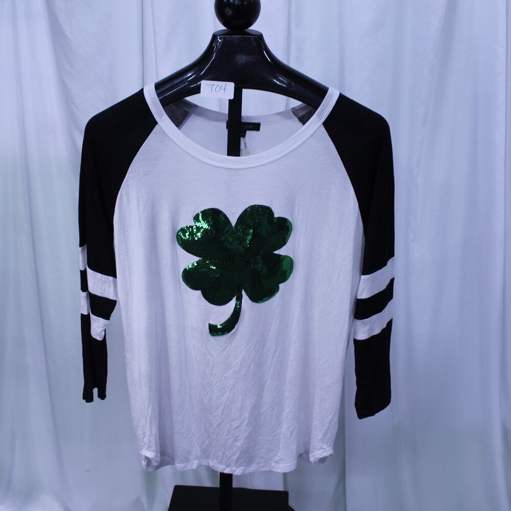 Black and White Sequin Shamrock Women's Long Sleeve Top